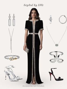 Elle Woulds Black Maxi Evening Dress with Silver Embellished Trim
